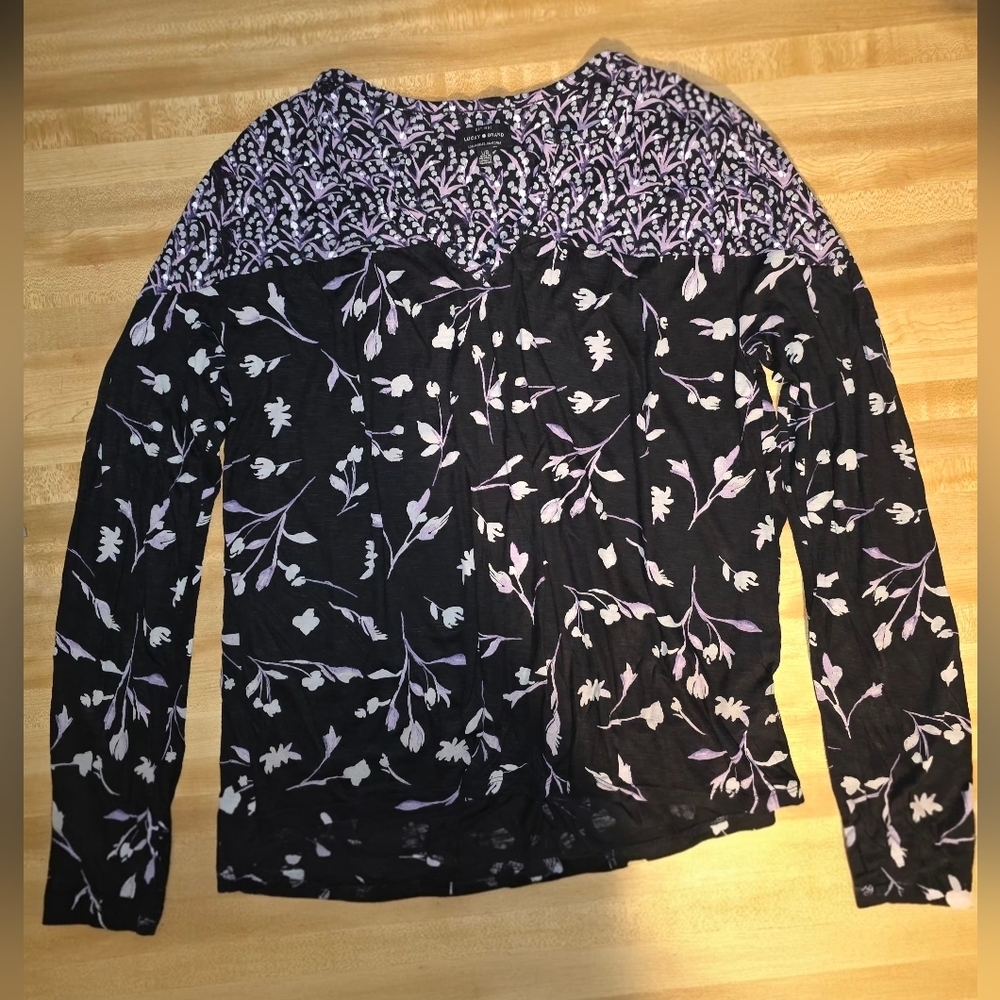 Lucky Brand Black White Floral Blouse Large #BL22 - Picture 4 of 10